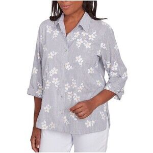 Petite Women's Flower Embroidered Button Down Striped Top PL Alfred Dunner